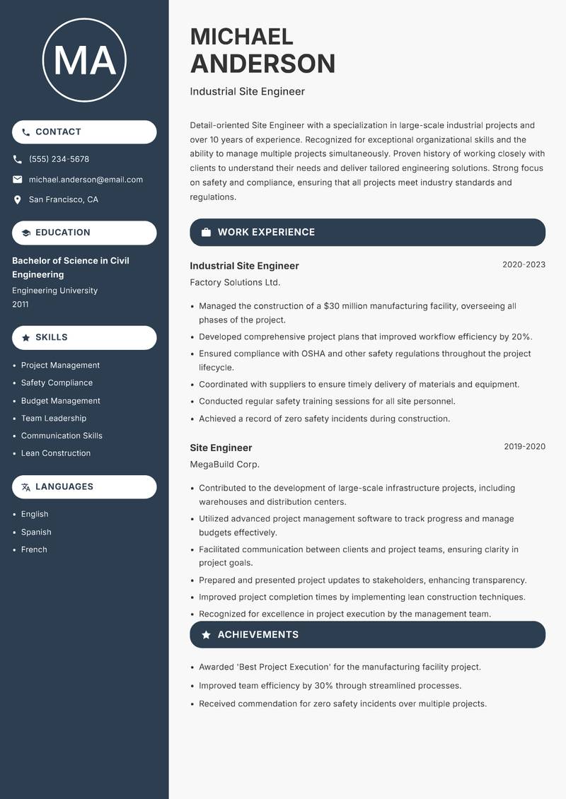 Site Engineer resume template — Compact