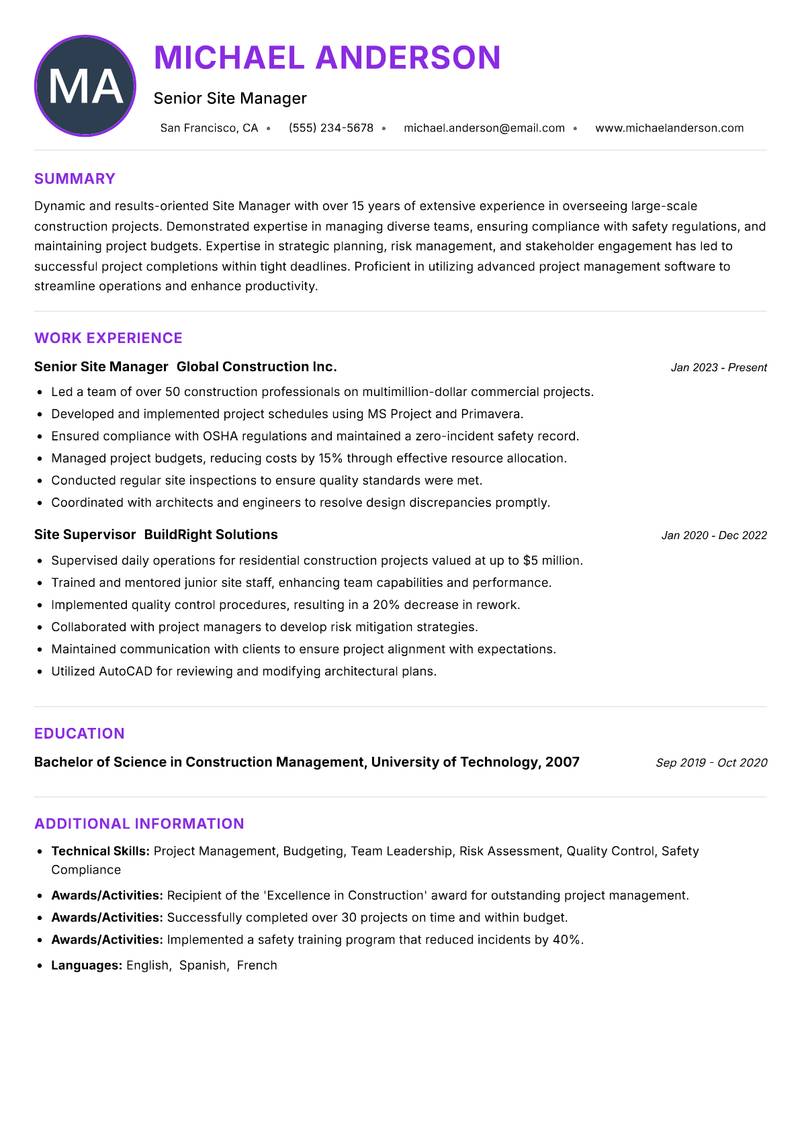 Site Manager resume example — ATS-friendly template