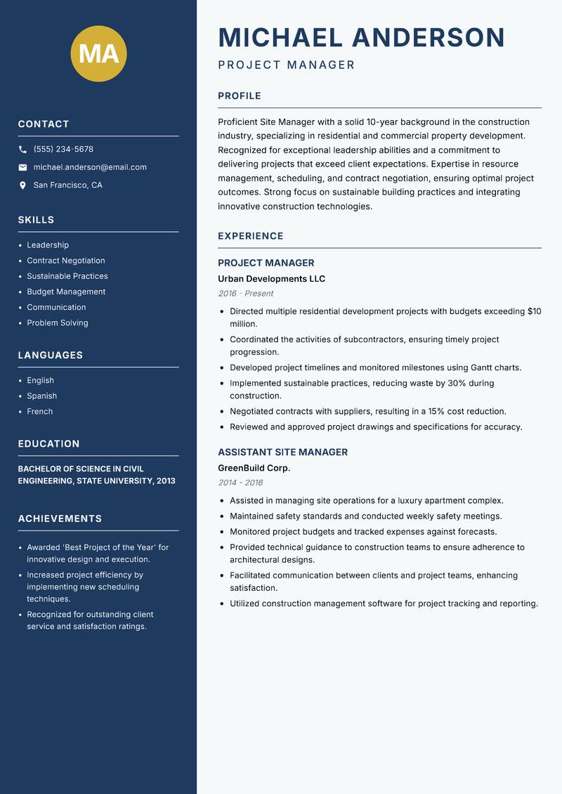 Site Manager resume template — Classic Clean