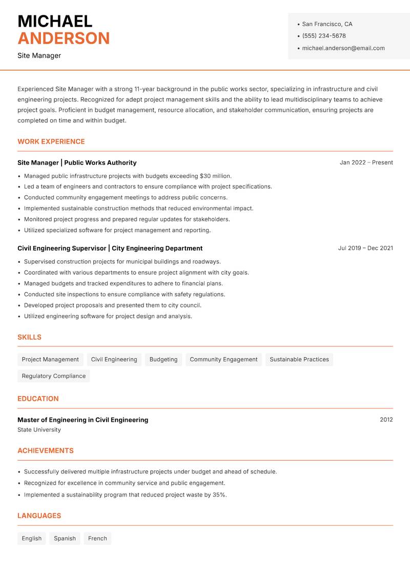 Site Manager resume template — Modern Professional
