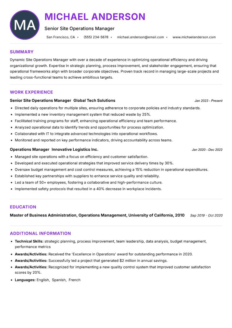 Site Operations Manager resume example — ATS-friendly template