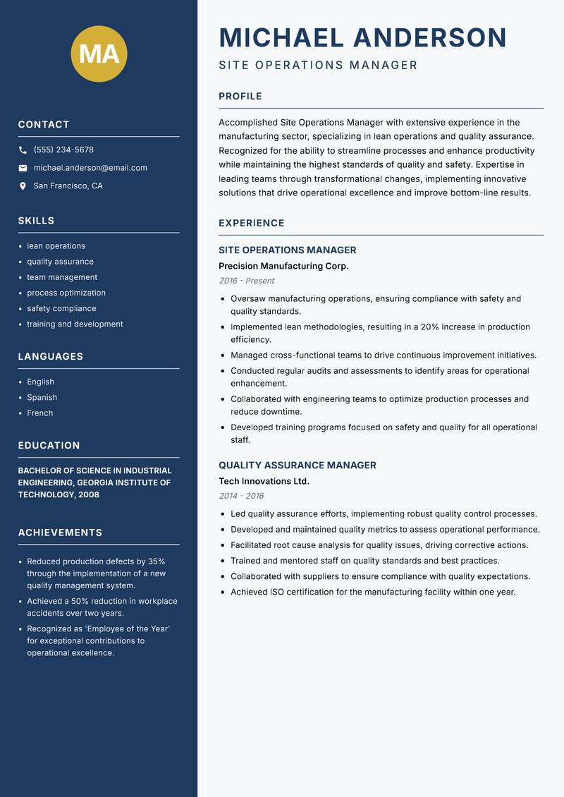 Site Operations Manager resume template — Classic Clean