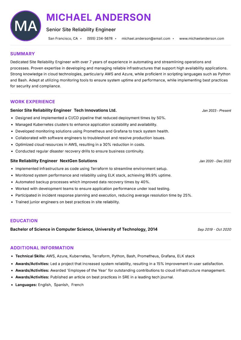 Site Reliability Engineer resume example — ATS-friendly template