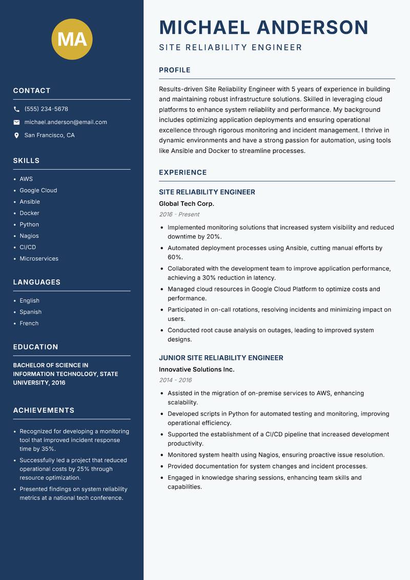 Site Reliability Engineer resume template — Classic Clean