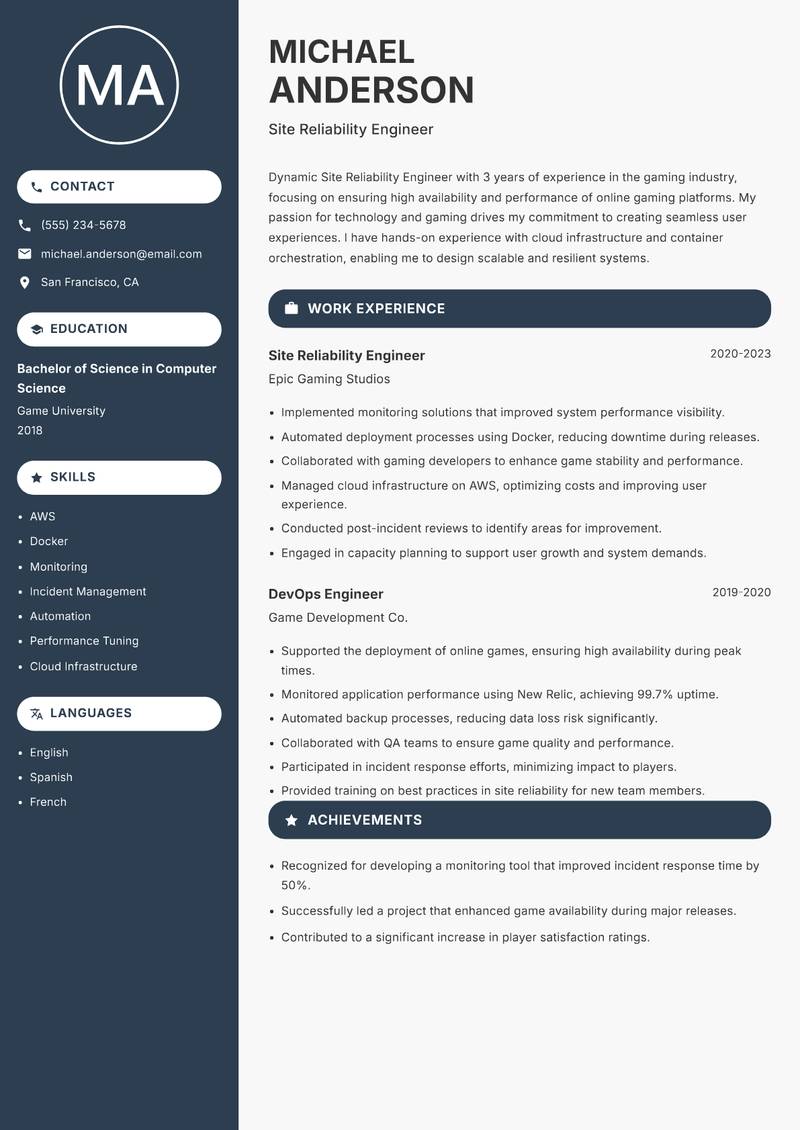 Site Reliability Engineer resume template — Compact