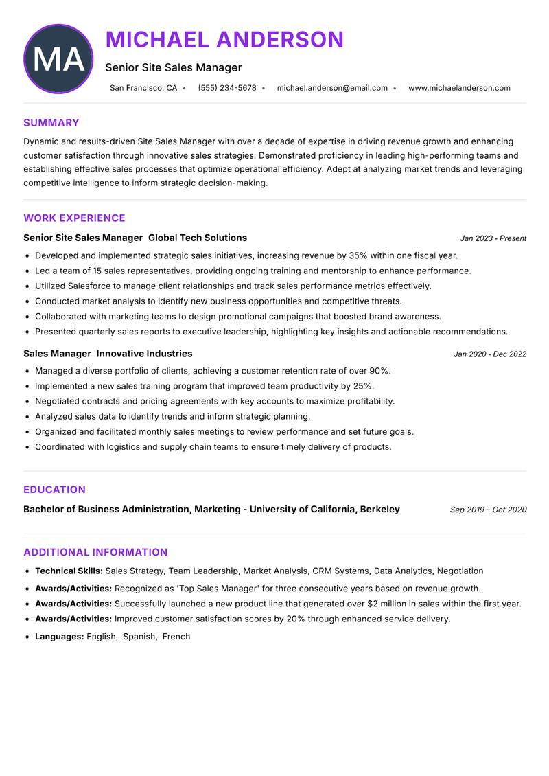 Site Sales Manager resume example — ATS-friendly template