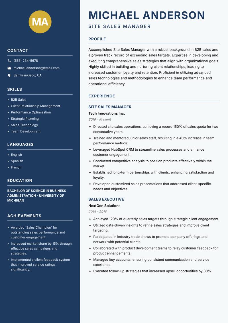 Site Sales Manager resume template — Classic Clean