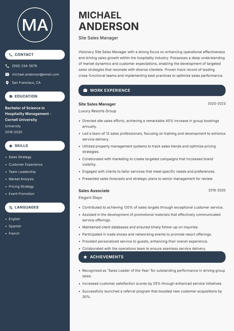 Site Sales Manager resume template — Compact