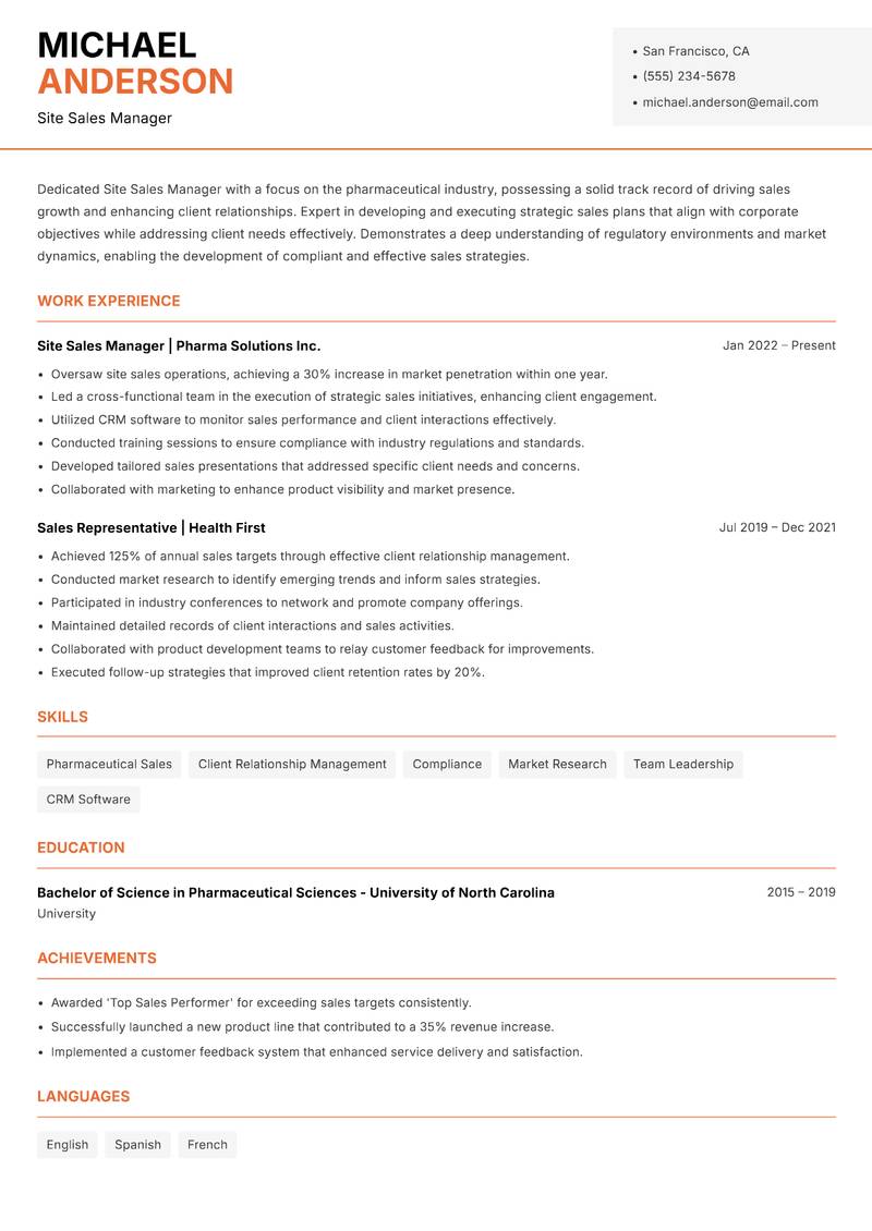 Site Sales Manager resume template — Modern Professional