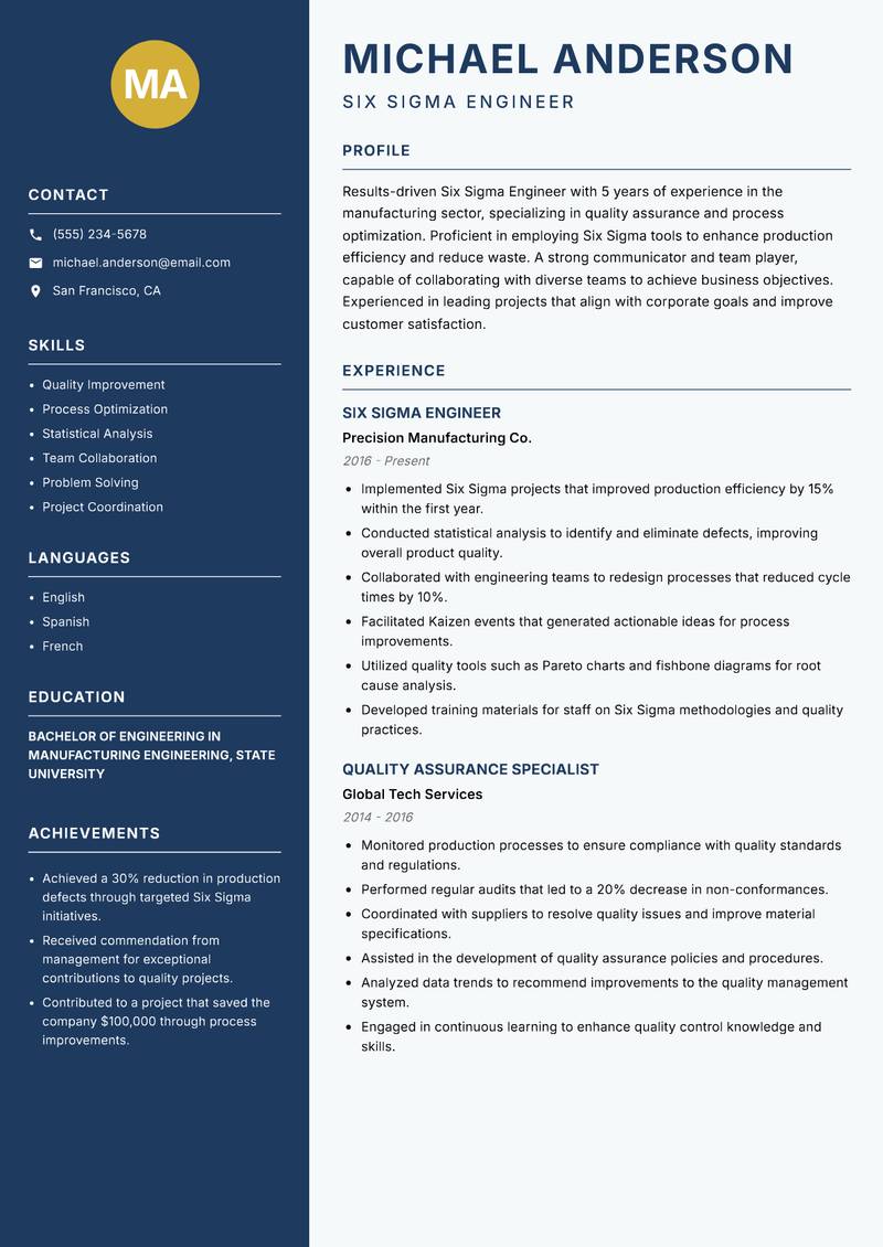 Six Sigma Engineer resume template — Classic Clean