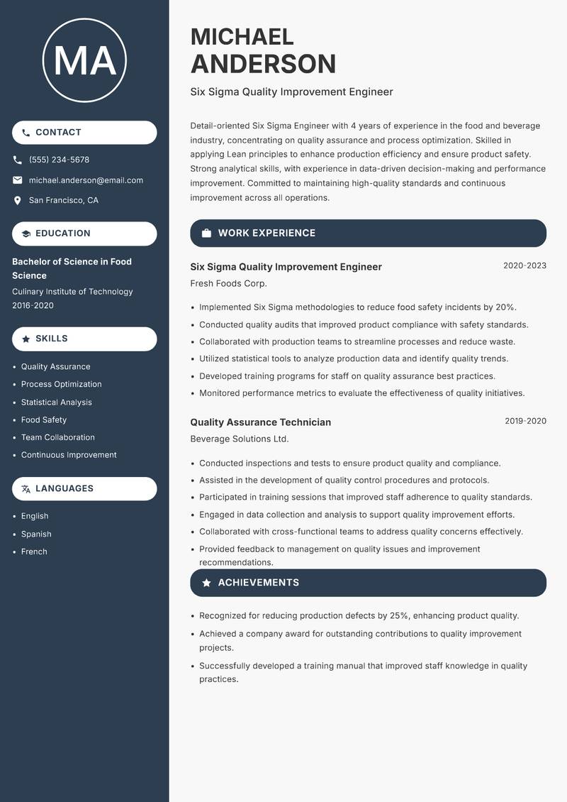 Six Sigma Engineer resume template — Compact