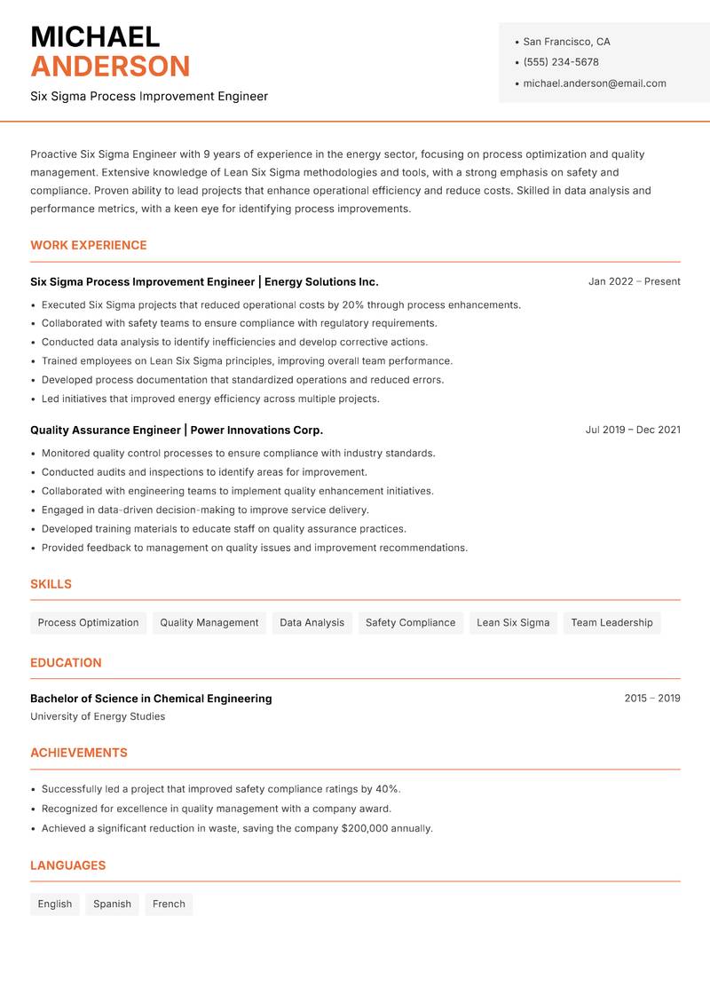Six Sigma Engineer resume template — Modern Professional