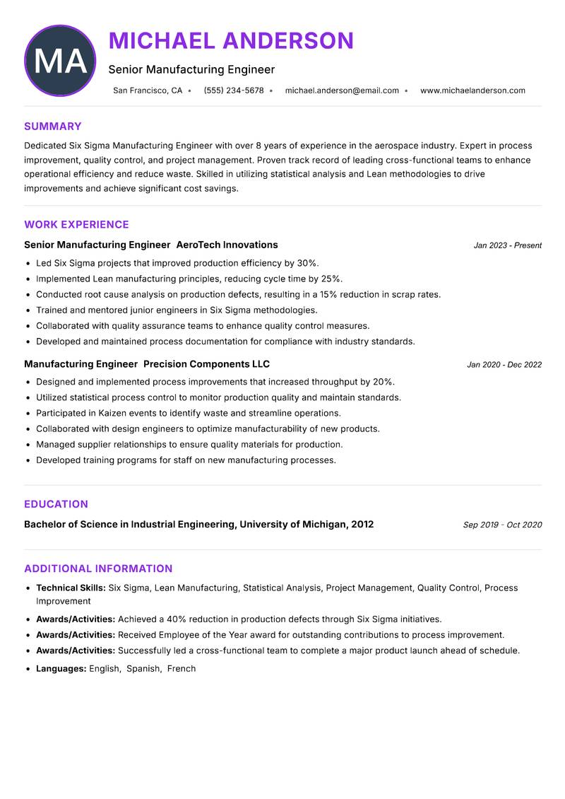 Six Sigma Manufacturing Engineer resume example — ATS-friendly template