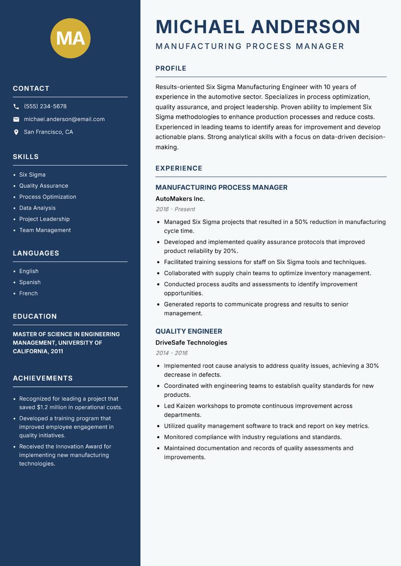 Six Sigma Manufacturing Engineer resume template — Classic Clean
