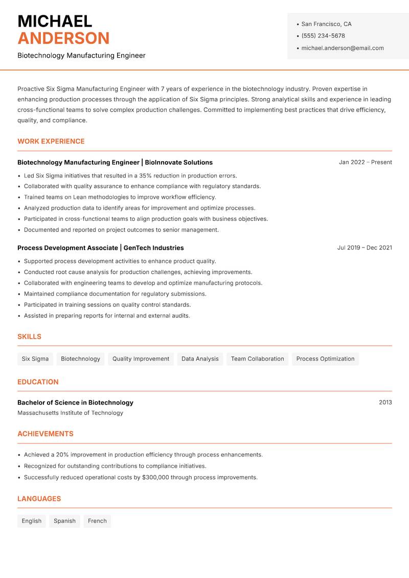 Six Sigma Manufacturing Engineer resume template — Modern Professional