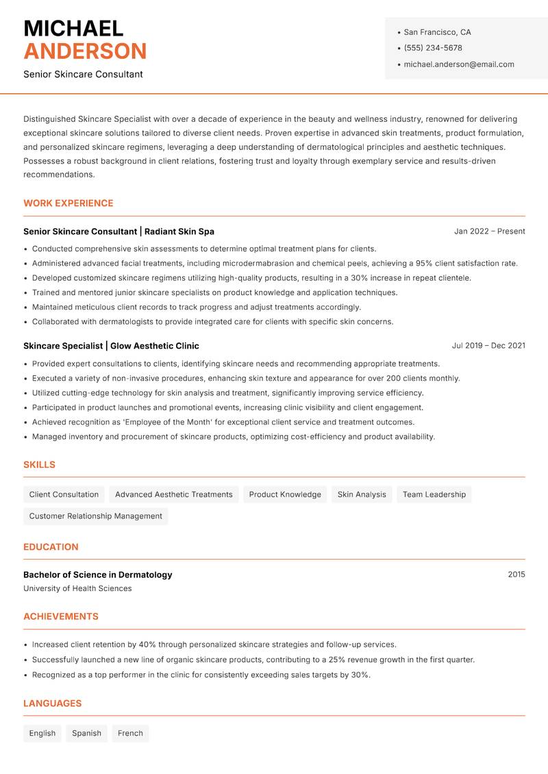 Skincare Specialist resume template — Modern Professional