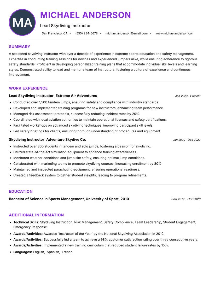 Skydiving Instructor resume example — ATS-friendly template