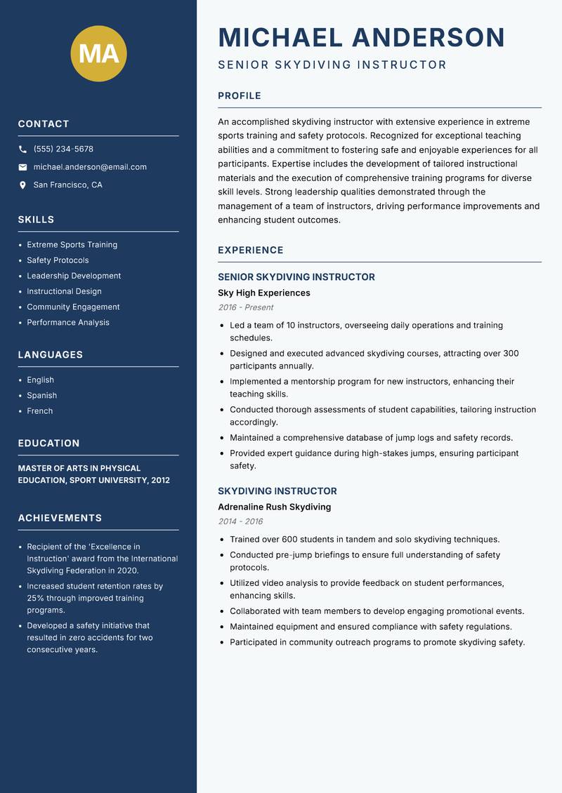 Skydiving Instructor resume template — Classic Clean