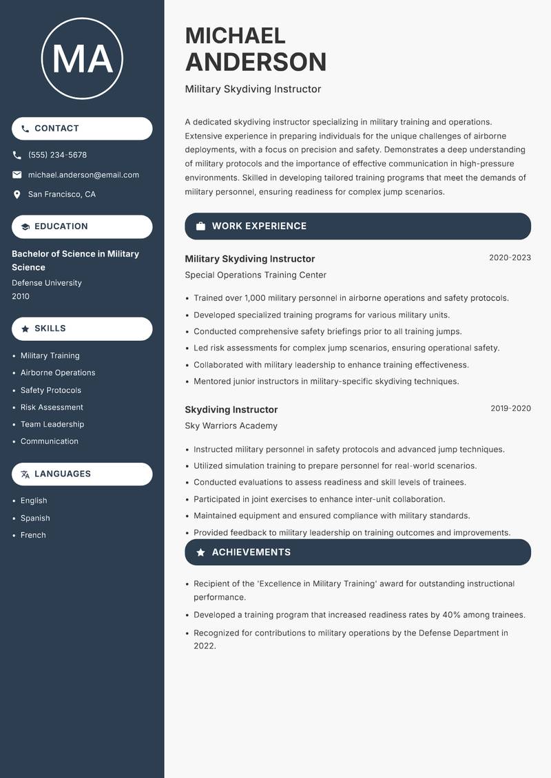Skydiving Instructor resume template — Compact
