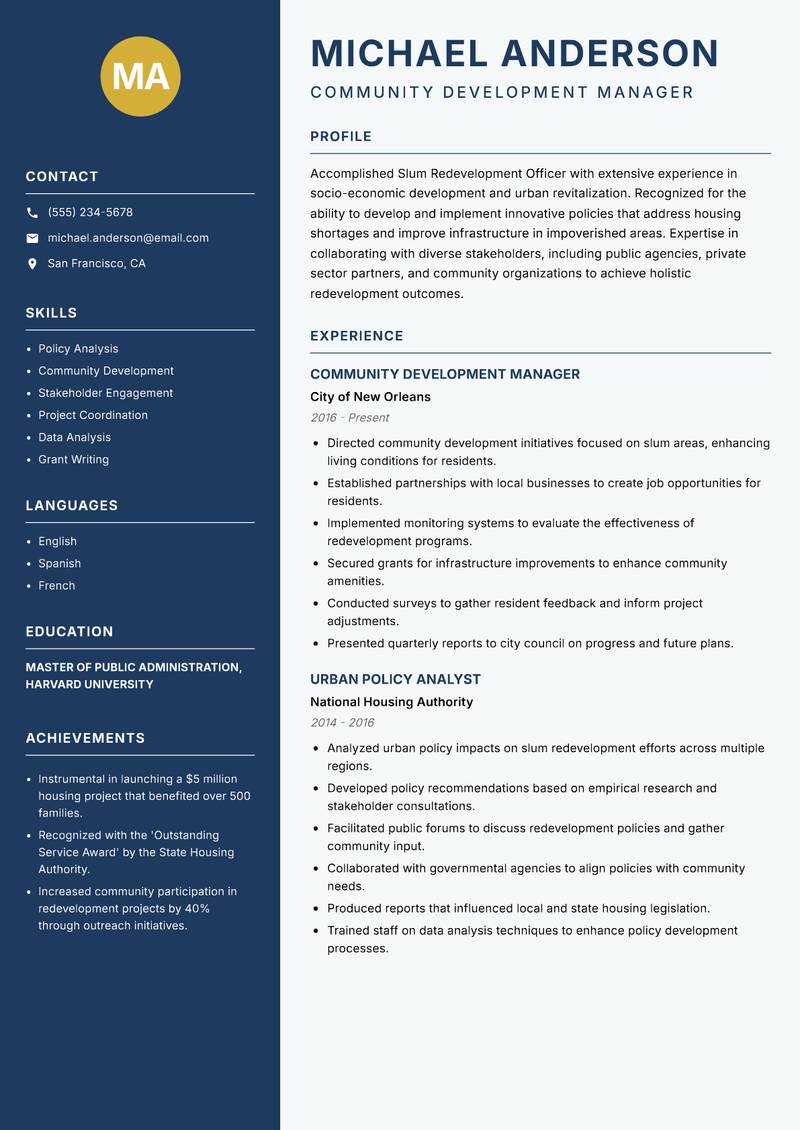 Slum Redevelopment Officer resume template — Classic Clean