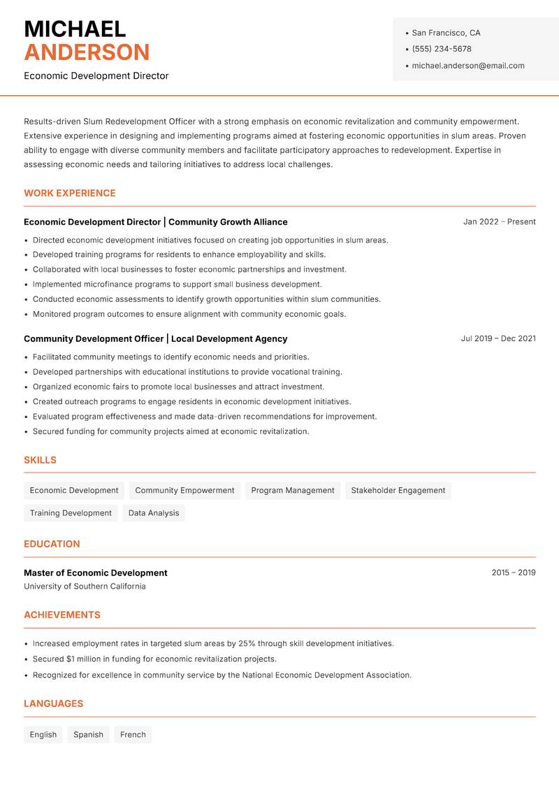 Slum Redevelopment Officer resume template — Modern Professional