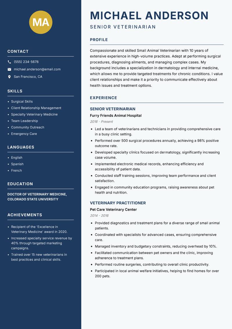 Small Animal Veterinarian resume template — Classic Clean