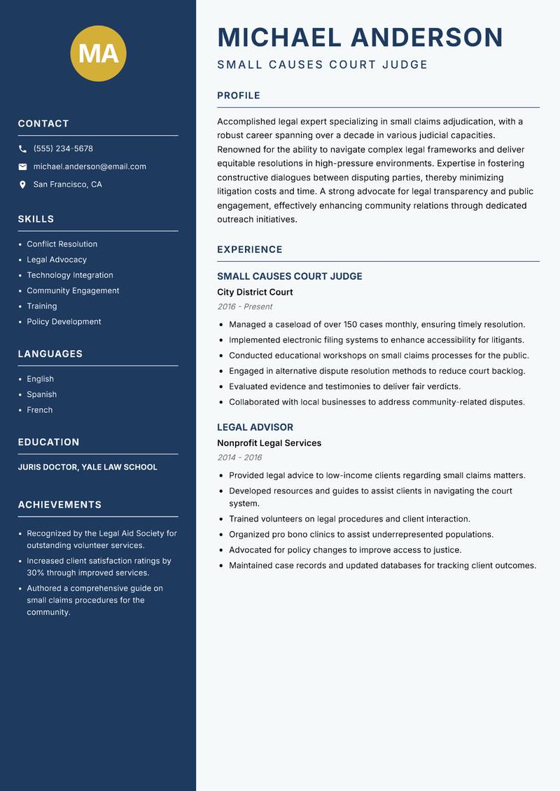 Small Causes Court Judge resume template — Classic Clean