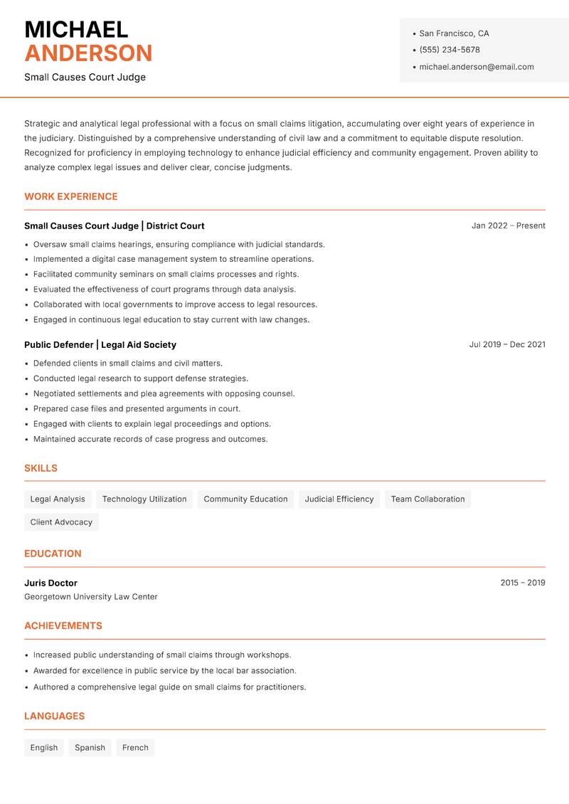 Small Causes Court Judge resume template — Modern Professional