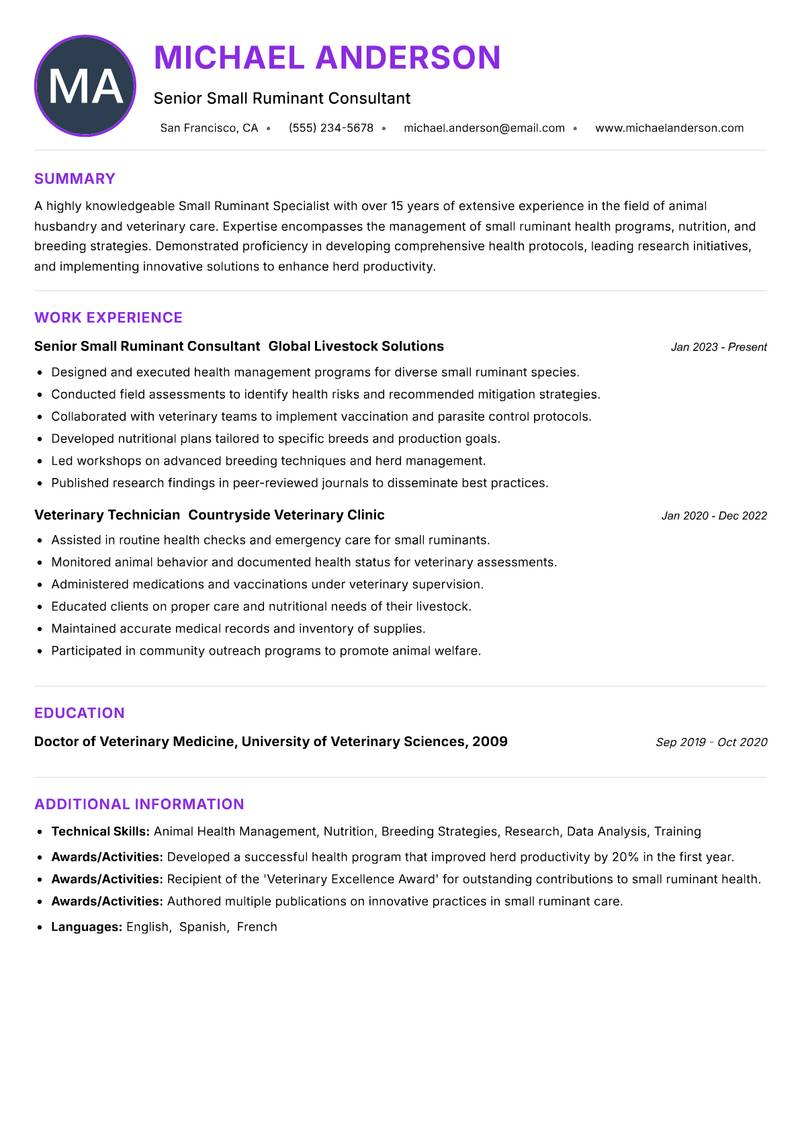 Small Ruminant Specialist resume example — ATS-friendly template