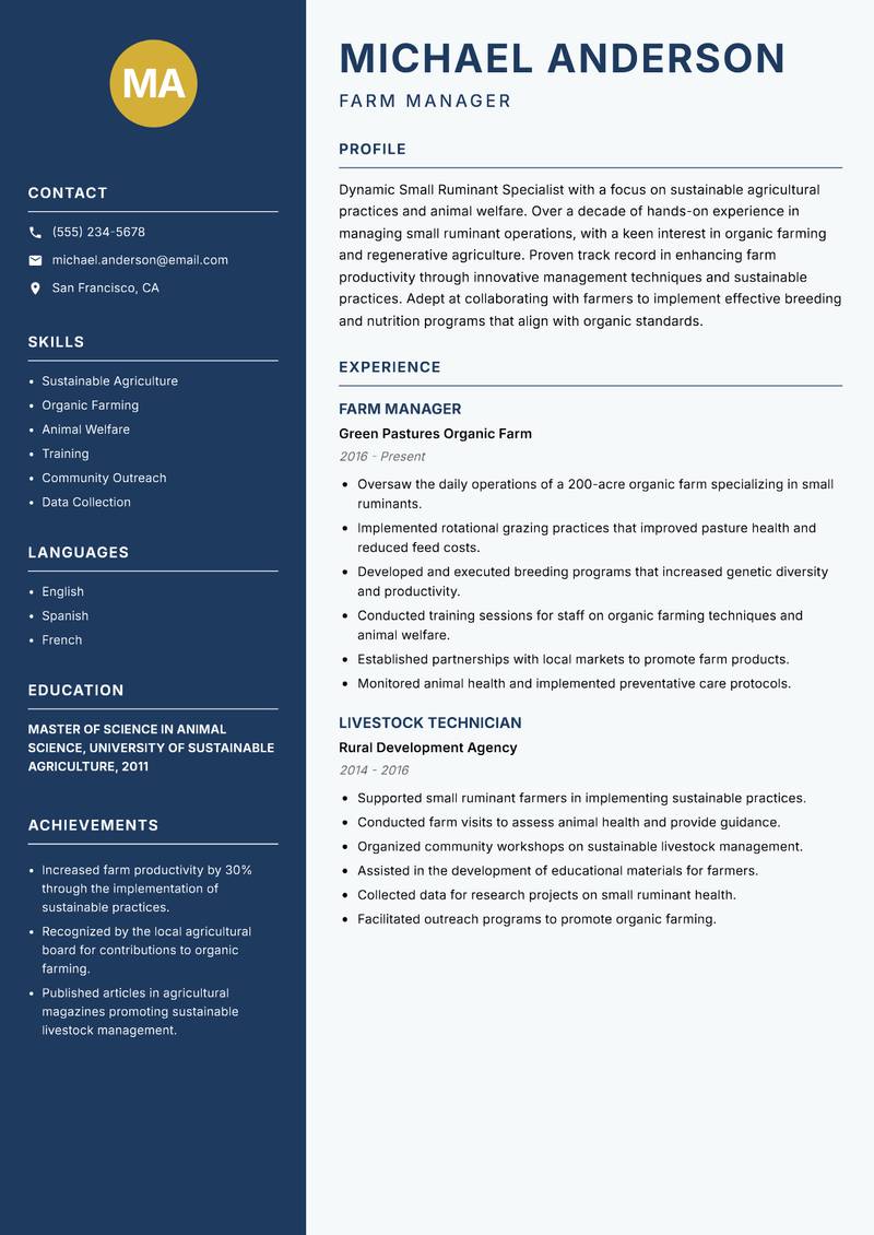 Small Ruminant Specialist resume template — Classic Clean