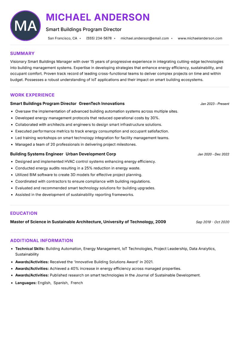 Smart Buildings Manager resume example — ATS-friendly template