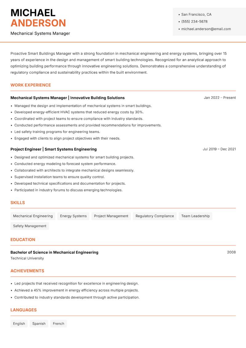 Smart Buildings Manager resume template — Modern Professional