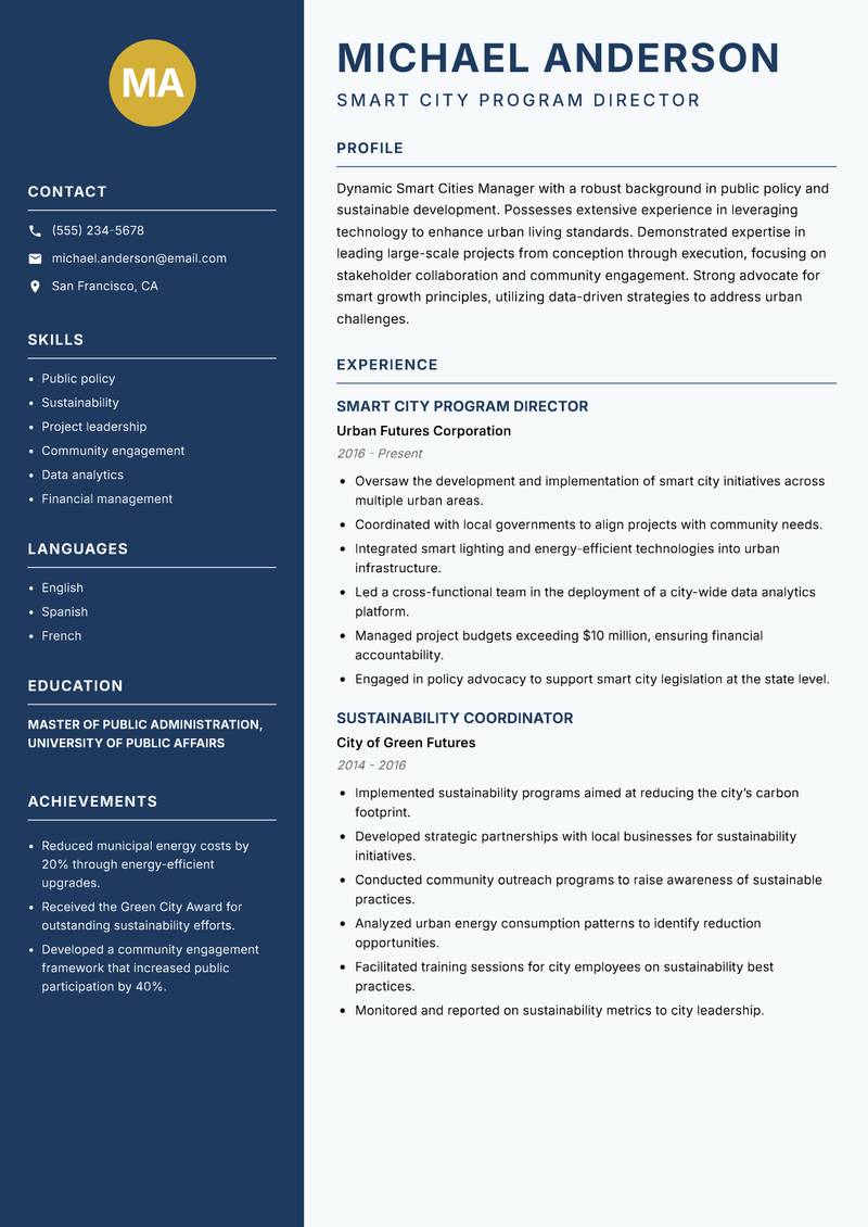 Smart Cities Manager resume template — Classic Clean