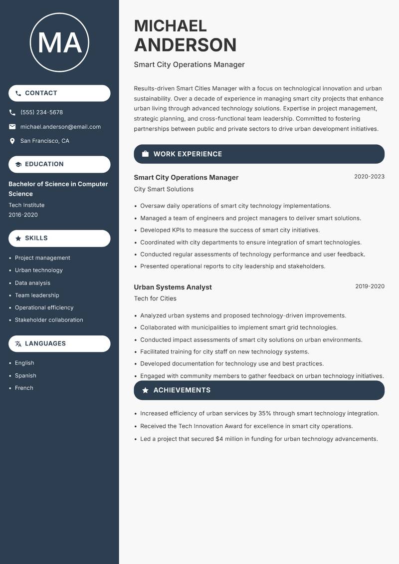 Smart Cities Manager resume template — Compact