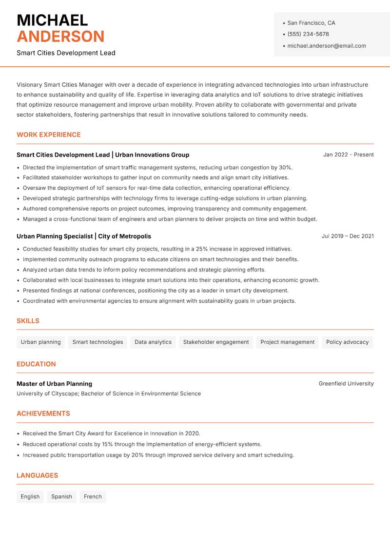 Smart Cities Manager resume template — Modern Professional