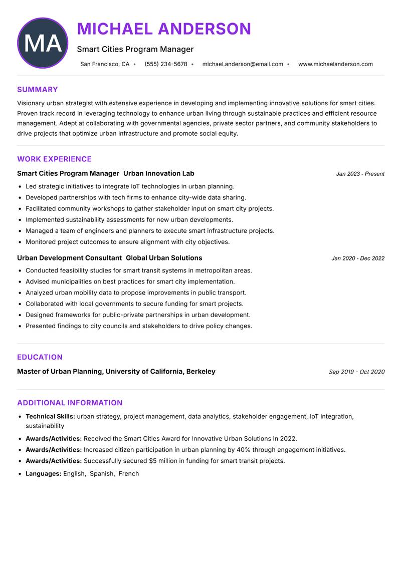 Smart Cities Officer resume example — ATS-friendly template
