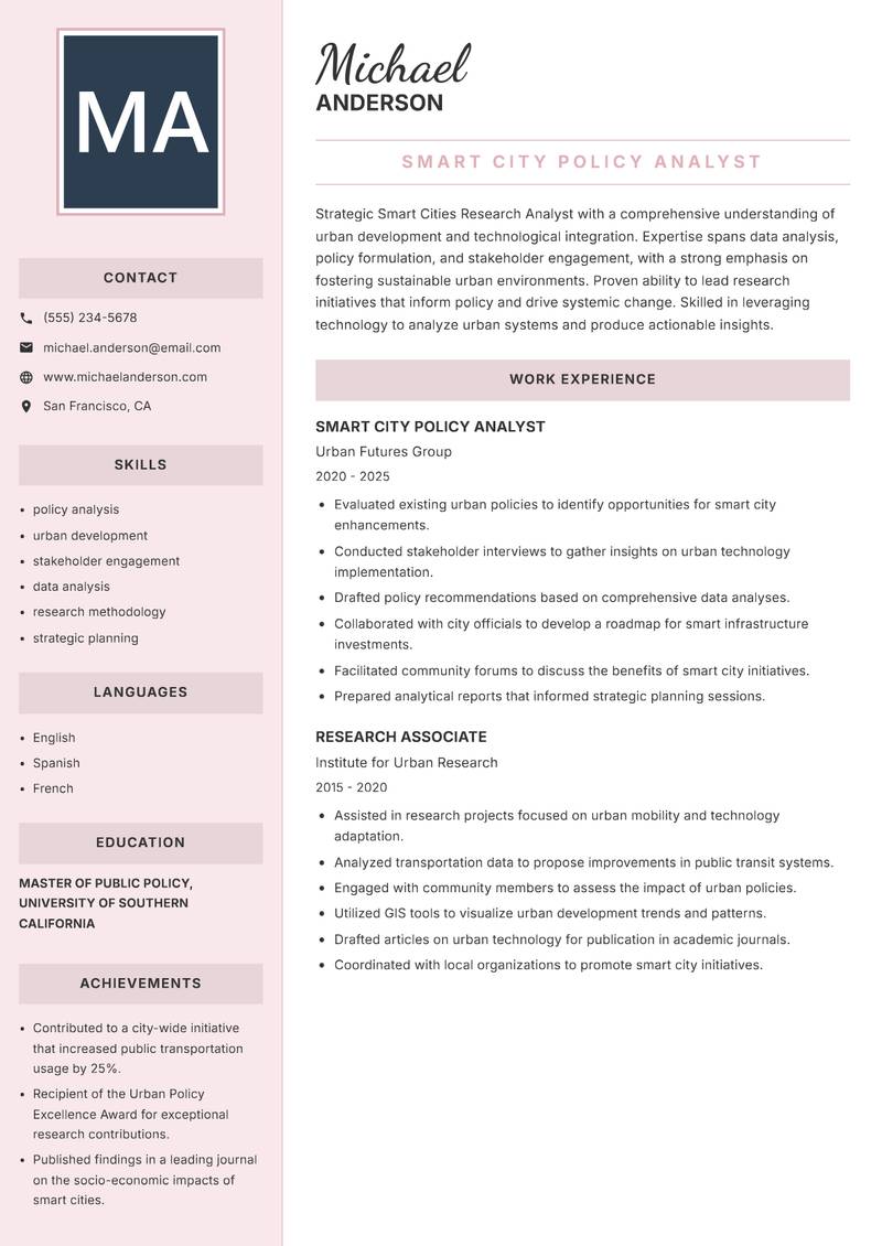 Smart Cities Research Analyst resume template — Executive