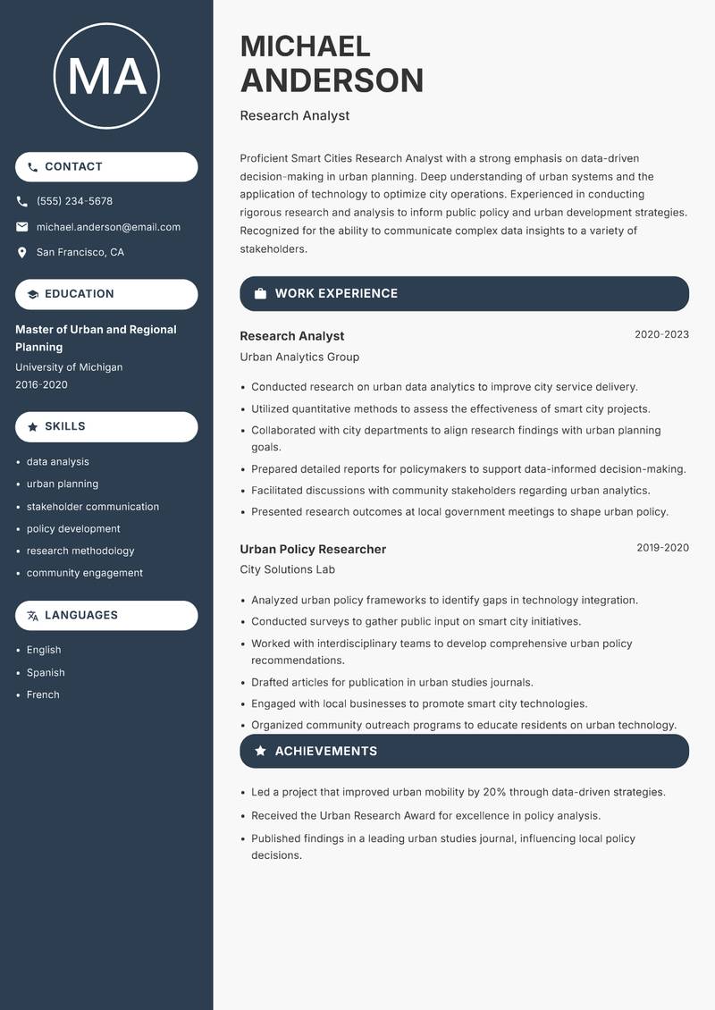 Smart Cities Research Analyst resume template — Compact