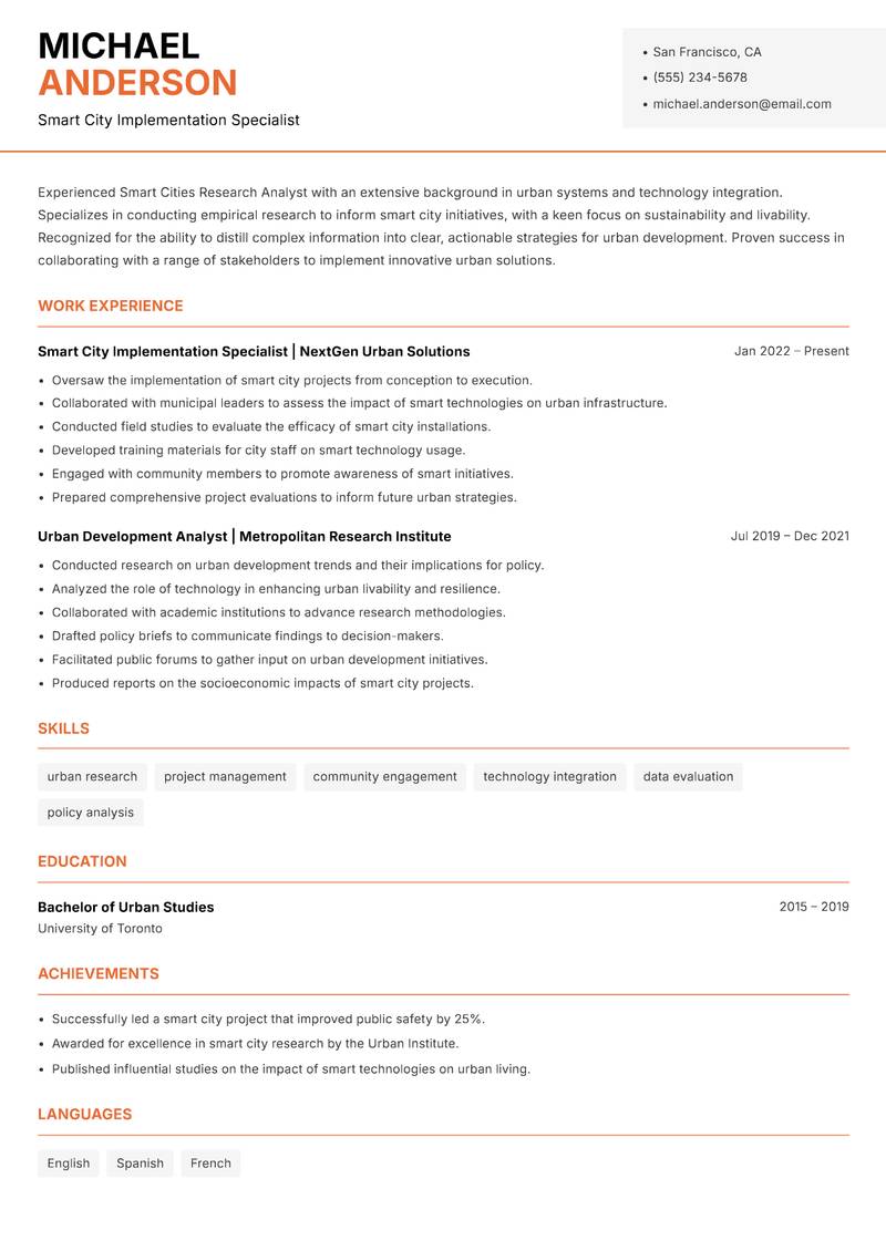Smart Cities Research Analyst resume template — Modern Professional