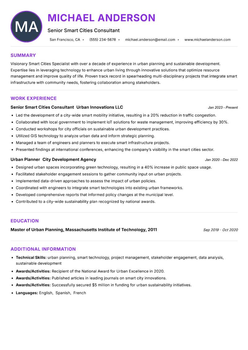 Smart Cities Specialist resume example — ATS-friendly template