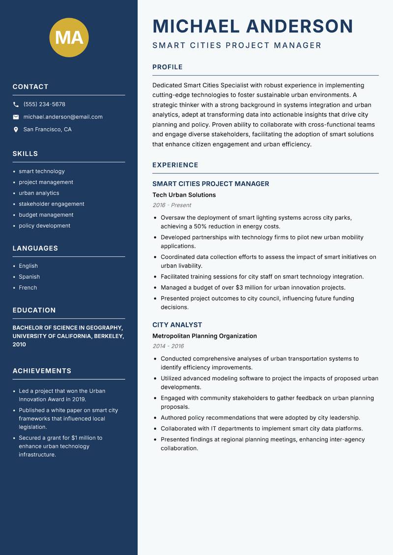 Smart Cities Specialist resume template — Classic Clean