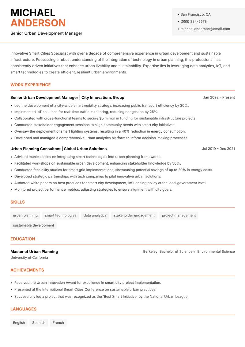 Smart Cities Specialist resume template — Modern Professional