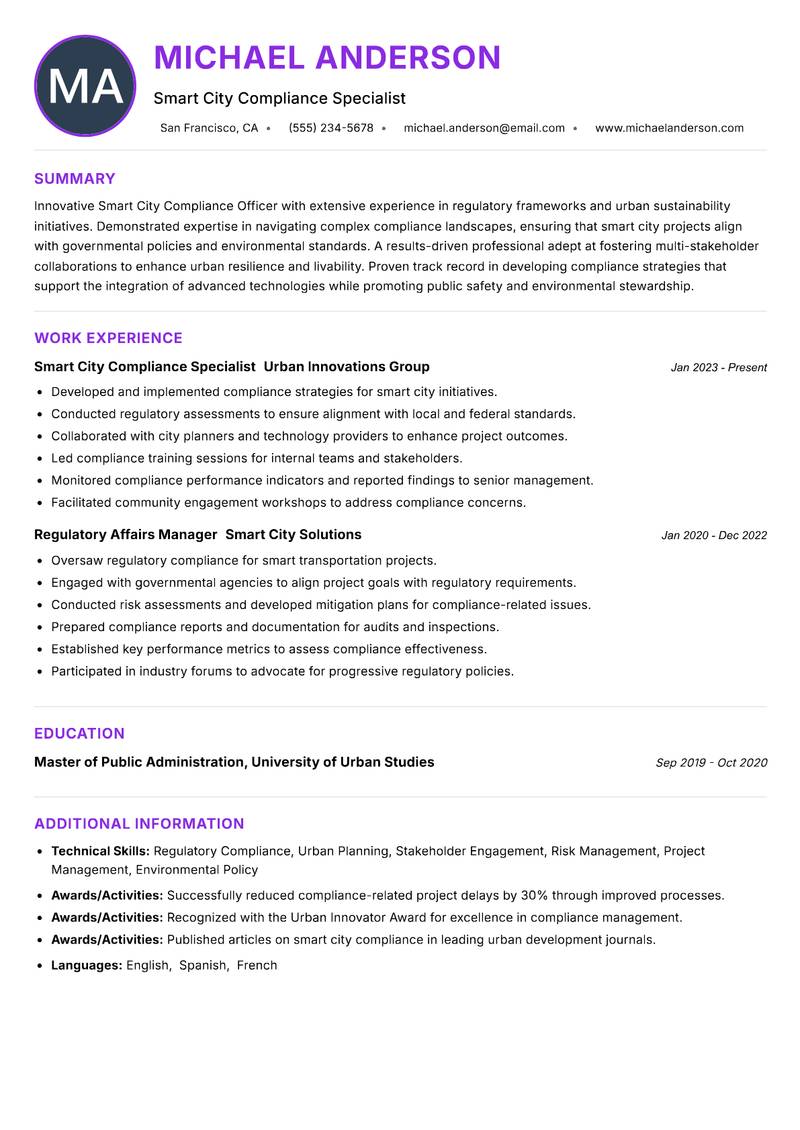 Smart City Compliance Officer resume example — ATS-friendly template