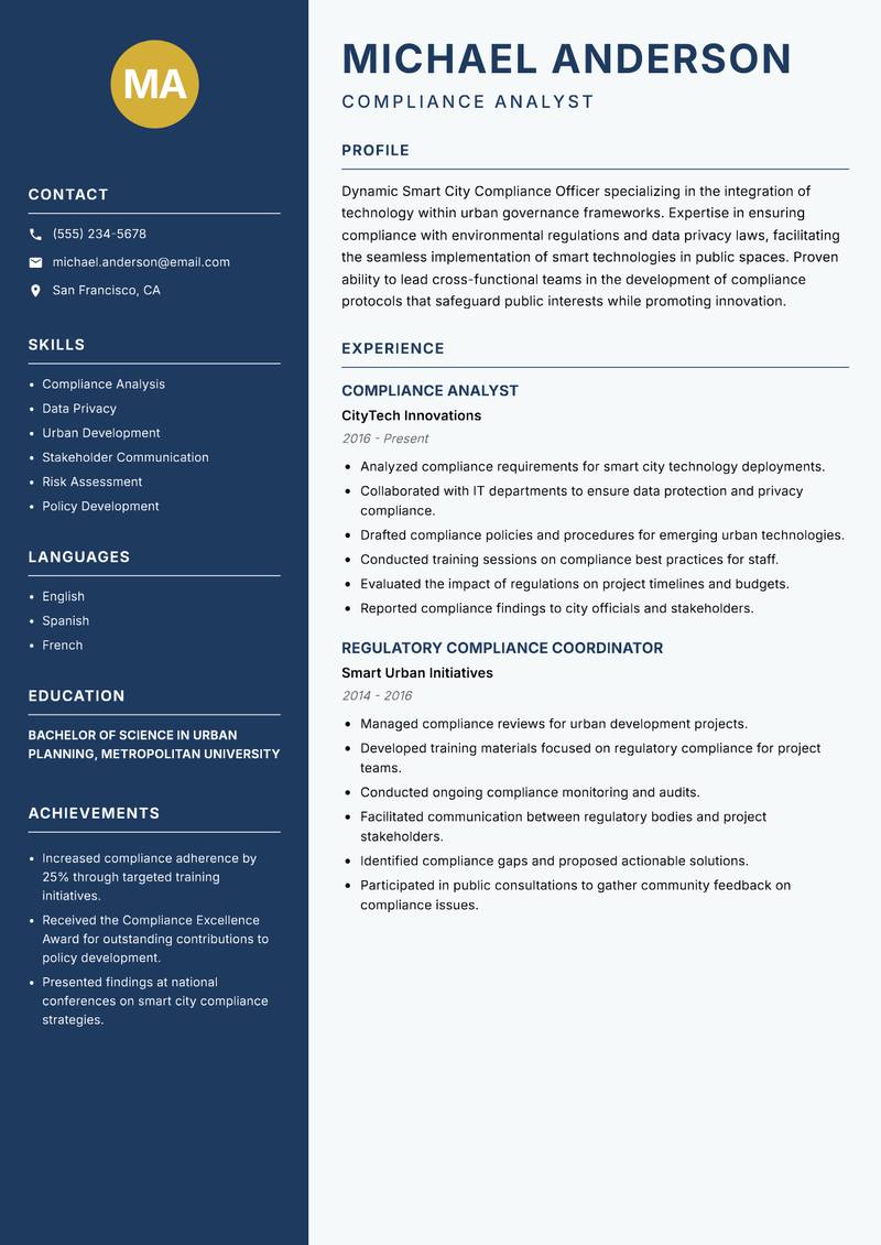 Smart City Compliance Officer resume template — Classic Clean