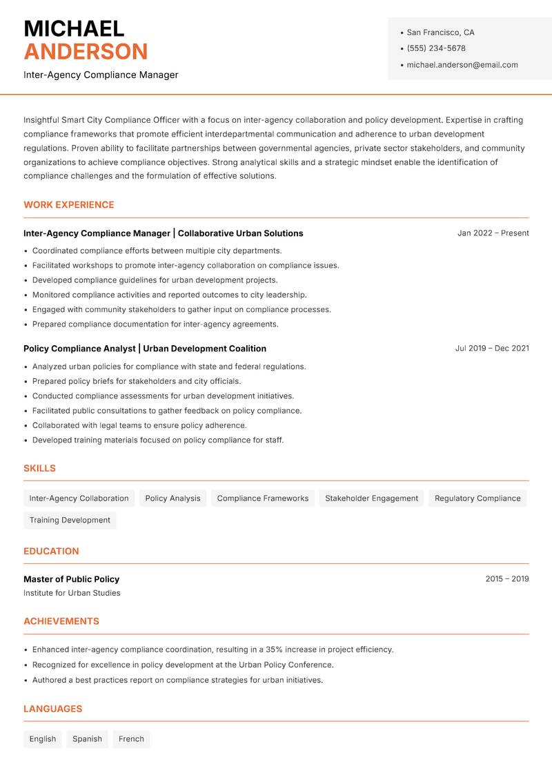 Smart City Compliance Officer resume template — Modern Professional