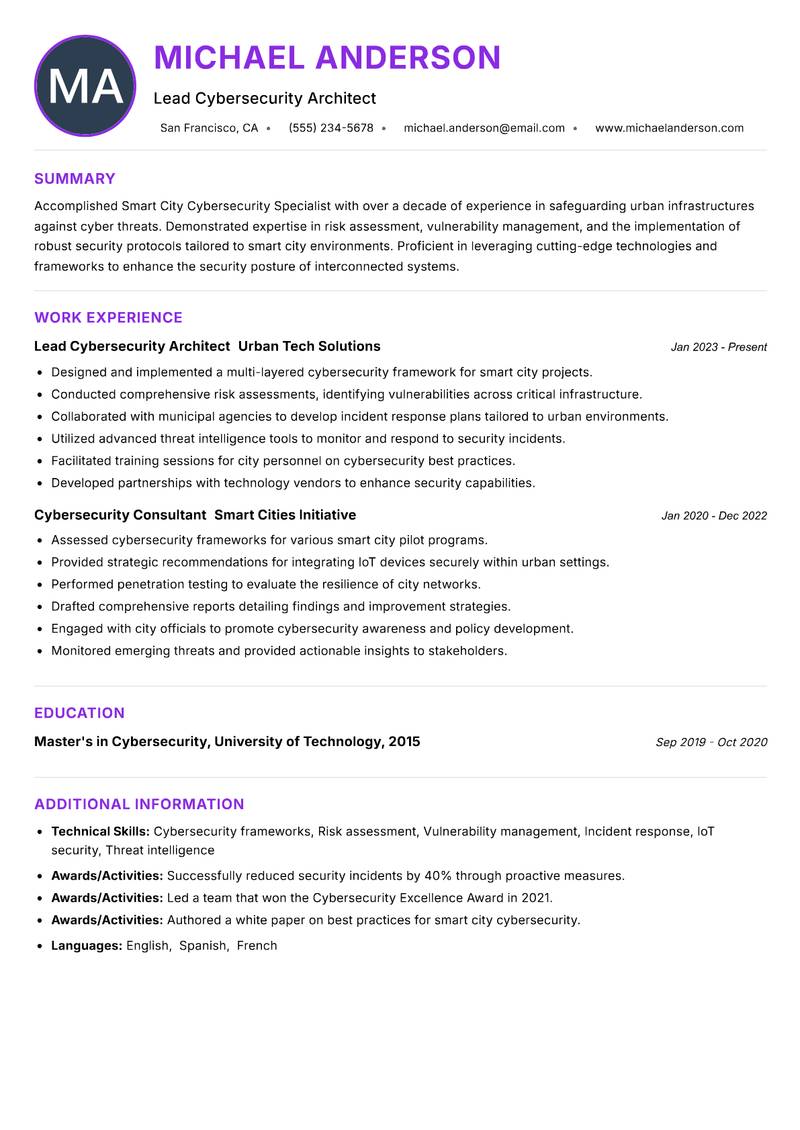 Smart City Cybersecurity Specialist resume example — ATS-friendly template
