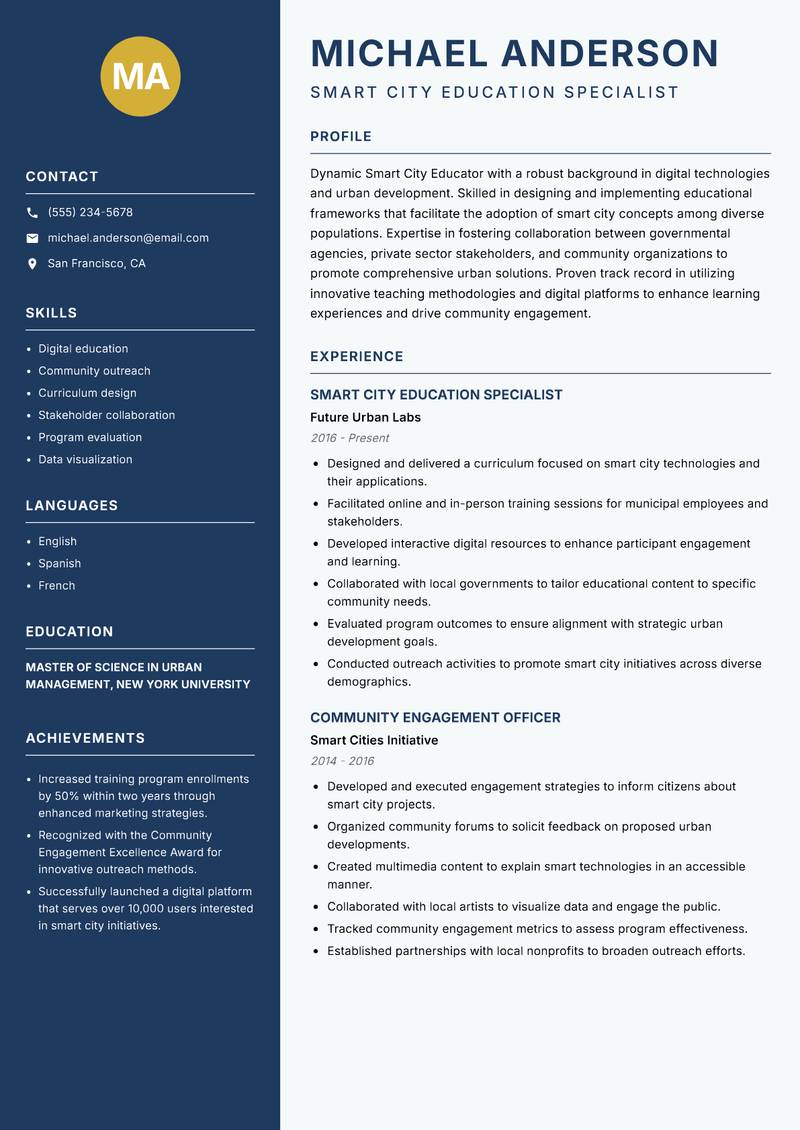 Smart City Educator resume template — Classic Clean