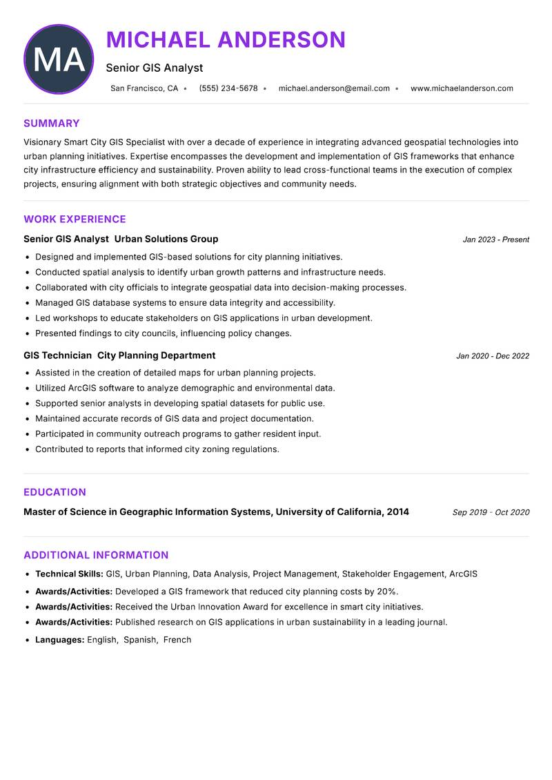 Smart City GIS Specialist resume example — ATS-friendly template