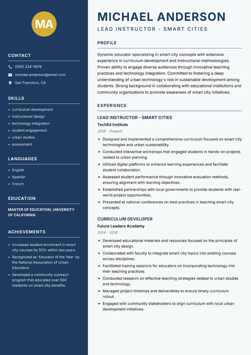 Smart City Instructor resume template — Classic Clean