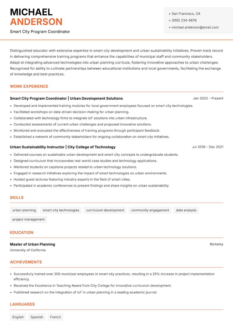 Smart City Instructor resume template — Modern Professional